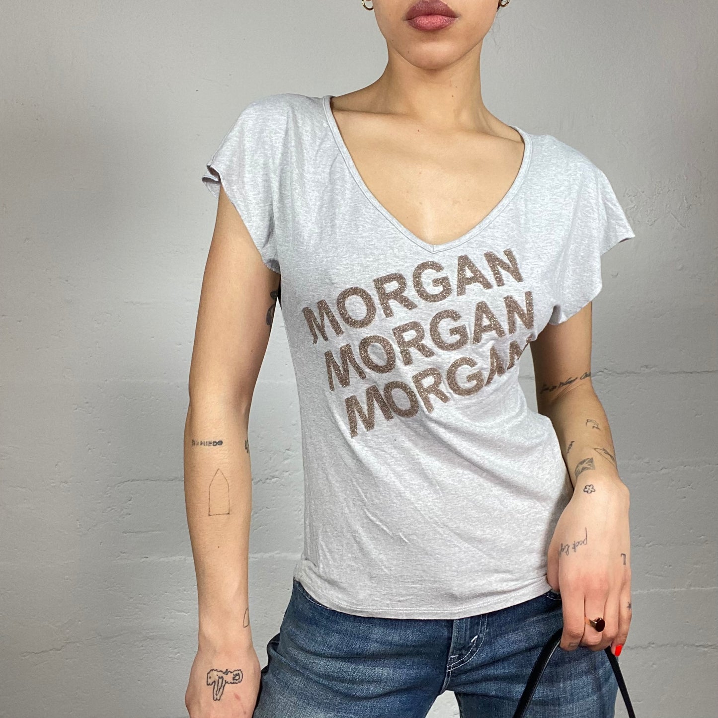 Vintage 2000's Morgan Downtown Girl Grey Top with Golden Glitter Brand Print (S)