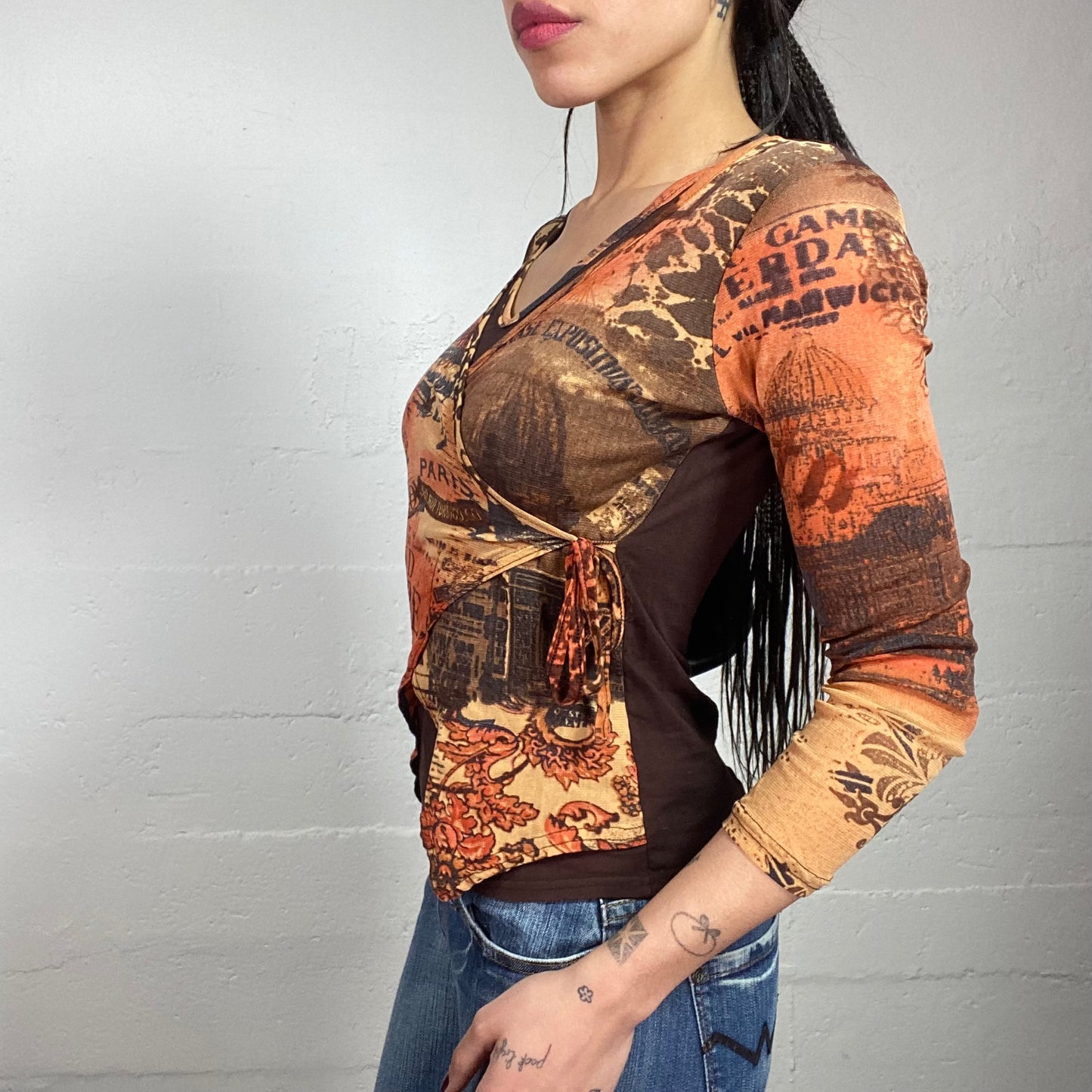 Vintage 2000's Boho Orange & Brown Longsleeve Wrapped Top with Newspaper Print (M)