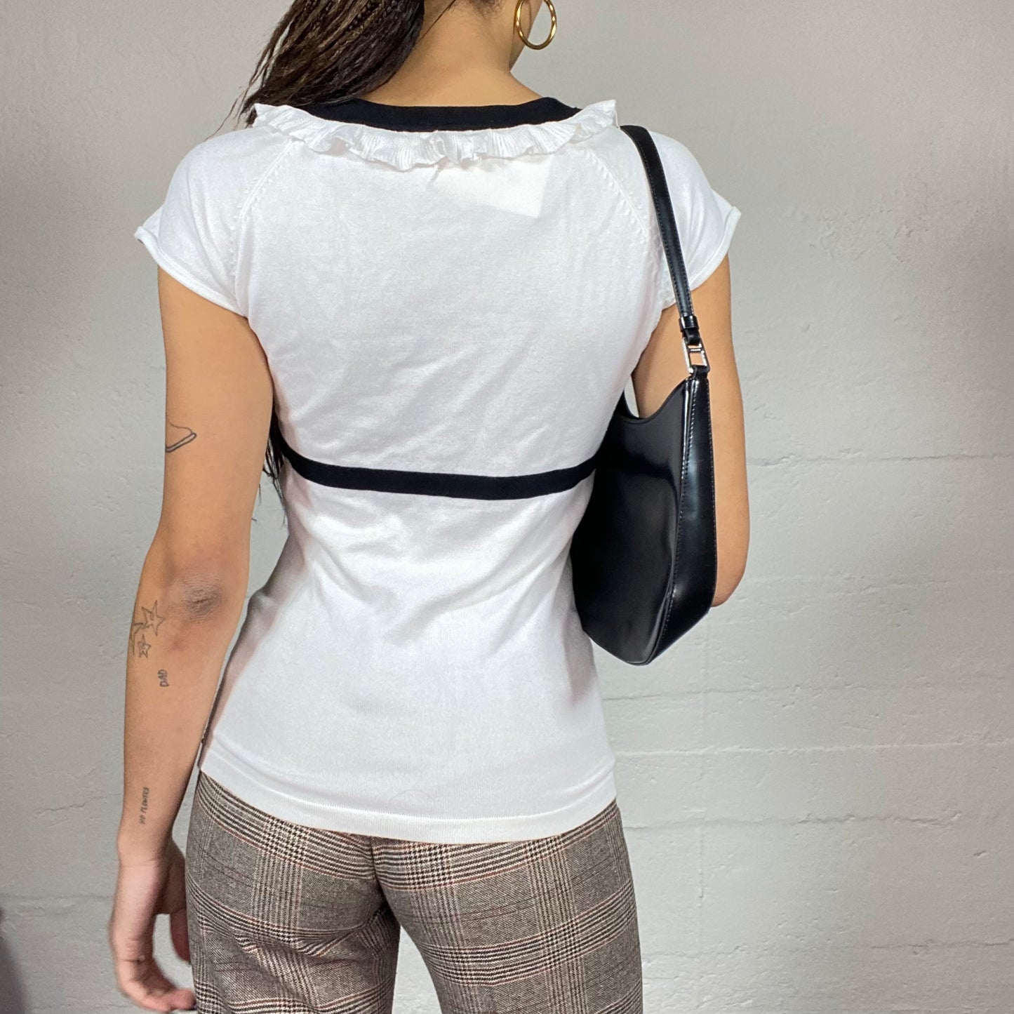 Vintage 2000's Soft Girl White Top with Black Chest Part and Lettuce Neckline Trim Detail (S/M)
