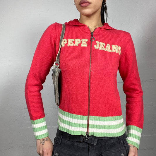 Vintage 2000's Pepe Jeans Sporty Red Knitted Zip Up Sweater with White Brand Print (M)