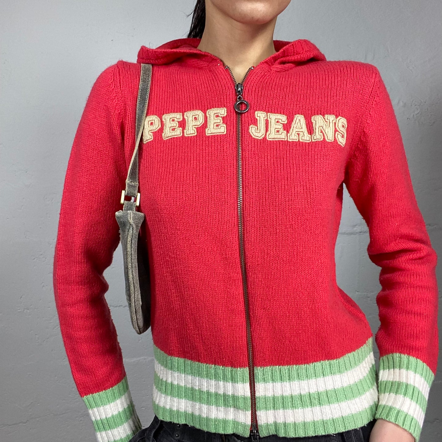 Vintage 2000's Pepe Jeans Sporty Red Knitted Zip Up Sweater with White Brand Print (M)