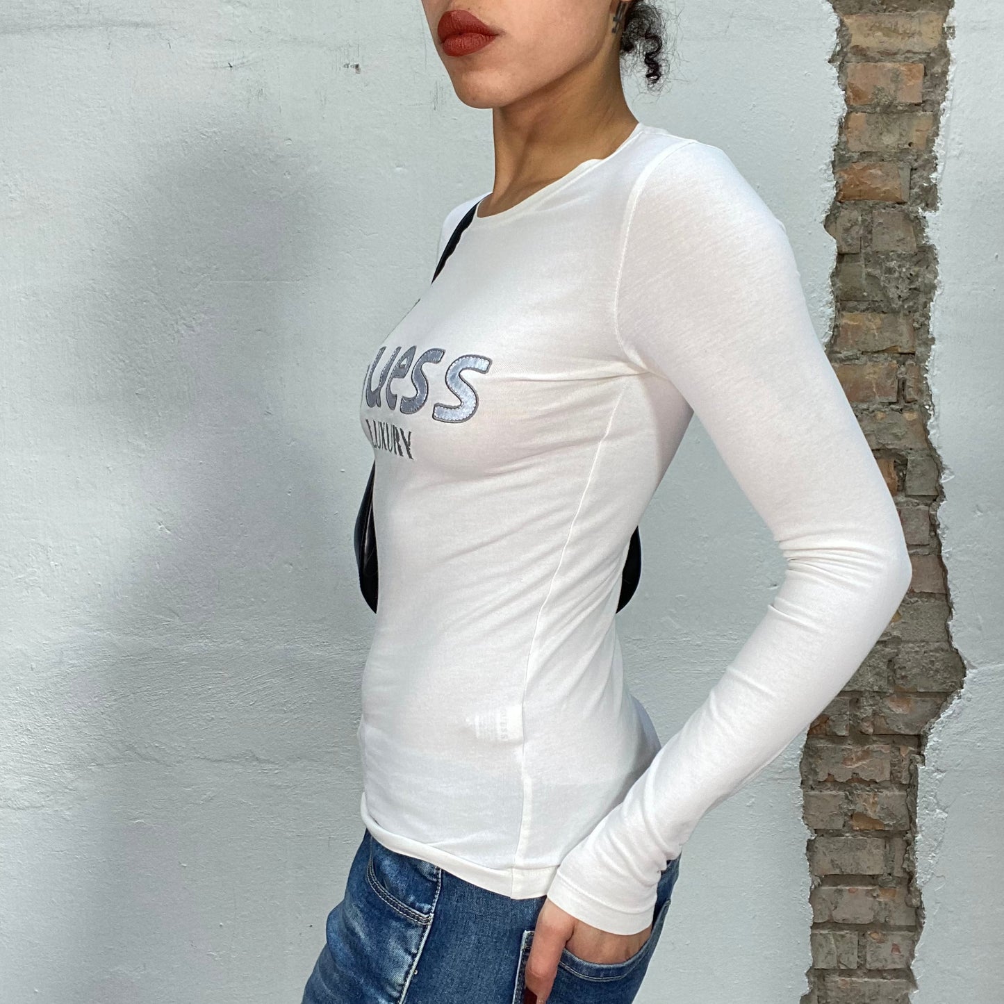 Vintage 2000's Guess White Longsleeve with Silver Logo Print (S)