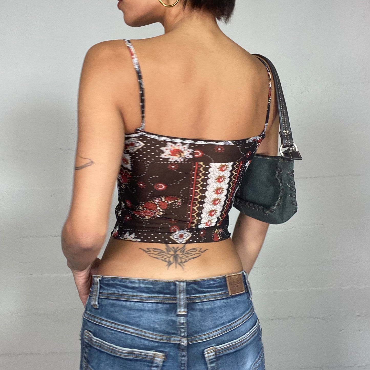 Vintage 90's Romantic Black Mesh Crop Top with Red Floral Print (S)