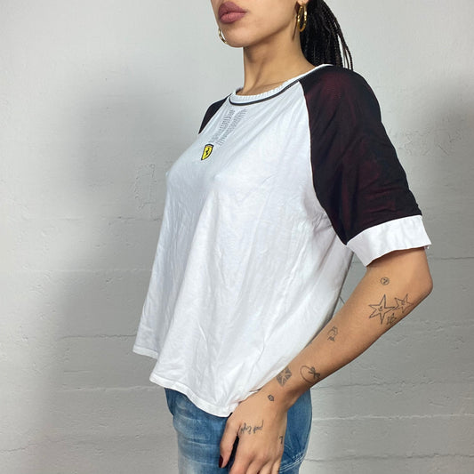 Vintage 2000's Ferrari Sporty White Oversized Tee with Yellow Brand Logo Print (L)