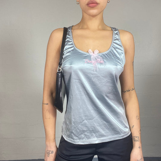 Vintage 90's Denny Rose Coquette Grey Satin Top with Pink Brand Embroidery and Ribbon Detail (S/M)