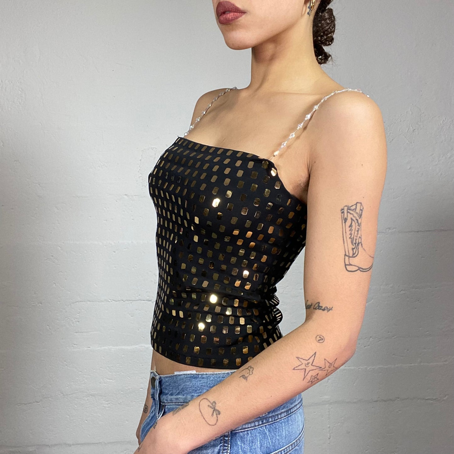 Vintage 2000's Clubwear Black Top with Golden Studs Covering Detail (S)