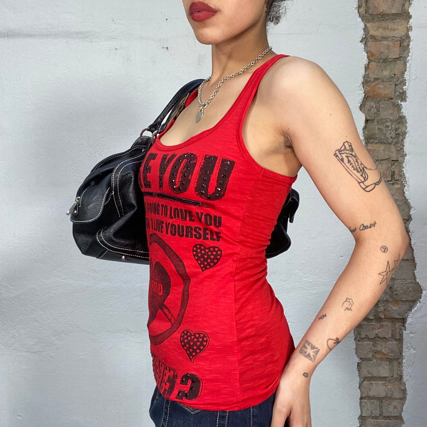 Vintage 2000's Grunge Red Tank Top with Black Writing Print (S)