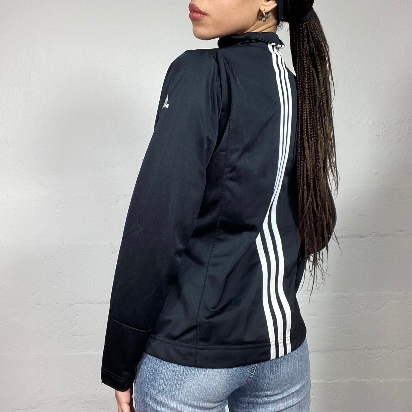 Vintage 90's Adidas Sporty Girl Black Zip Up Jacket with White Central Triple Brand Trim Detail (M)