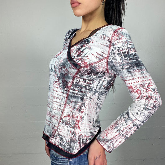 Vintage 2000's Downtown Girl White Longsleeve Top with Red Typography Print (M)