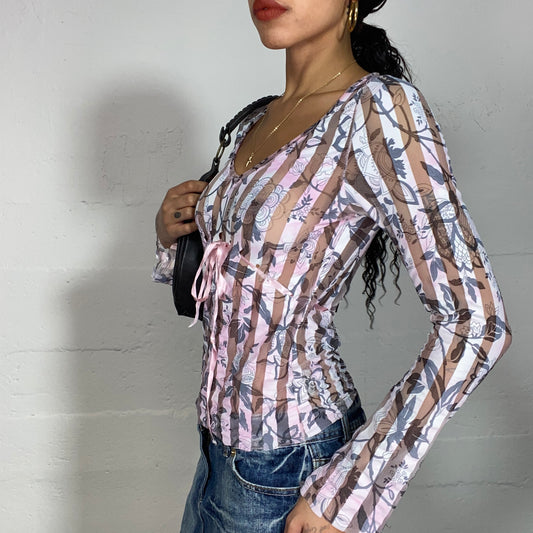 Vintage 2000's Lily Rose Depp White and Pastel Pink Mesh Top with Tattoo Floral Print (S/M)