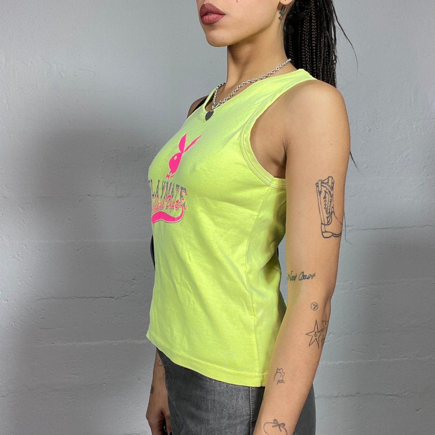 Vintage 90's Playboy Yellow Tank Top with Pink Logo Print (S)