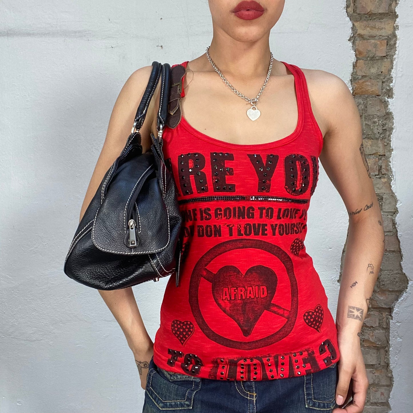 Vintage 2000's Grunge Red Tank Top with Black Writing Print (S)