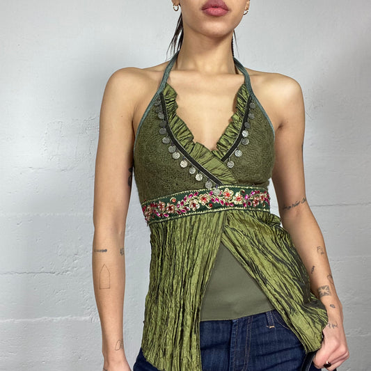 Vintage 2000's Hippie Kaki Strapless Top with Floral Detail (S)