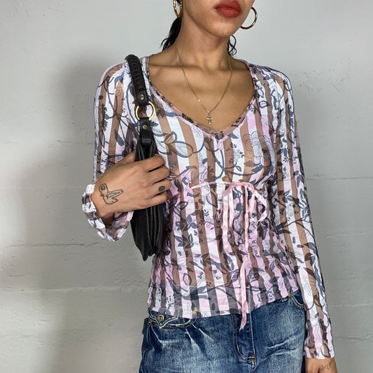 Vintage 2000's Lily Rose Depp White and Pastel Pink Mesh Top with Tattoo Floral Print (S/M)