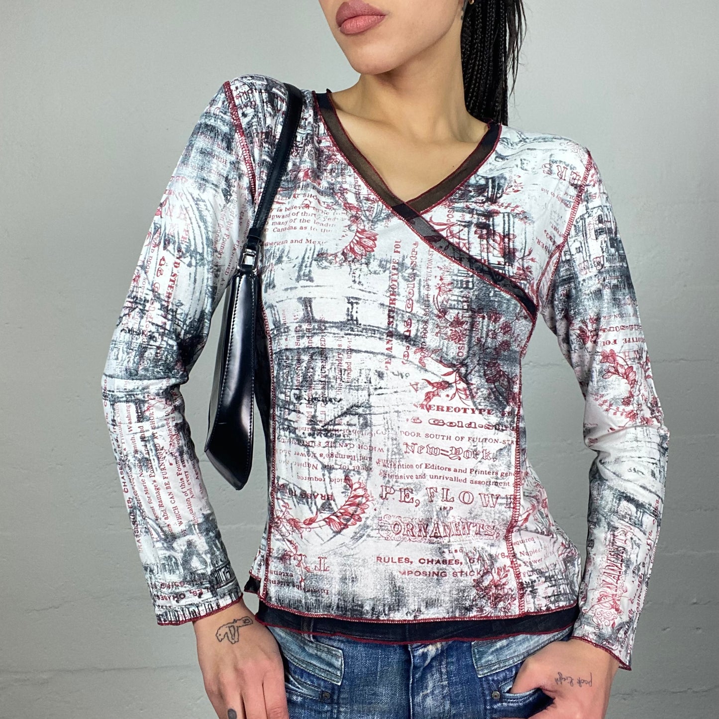 Vintage 2000's Downtown Girl White Longsleeve Top with Red Typography Print (M)