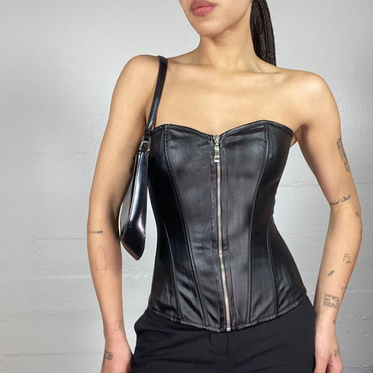 Vintage 90's Babydoll Goth Black Off Shoulder Corset Top with Faux Leather Material (S)