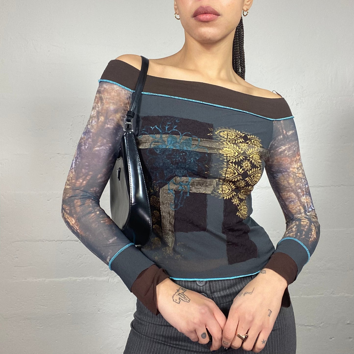 Vintage 90's Batik Black Off Shoulder Mesh Longsleeve Top with Forest and Patchwork Print (S)