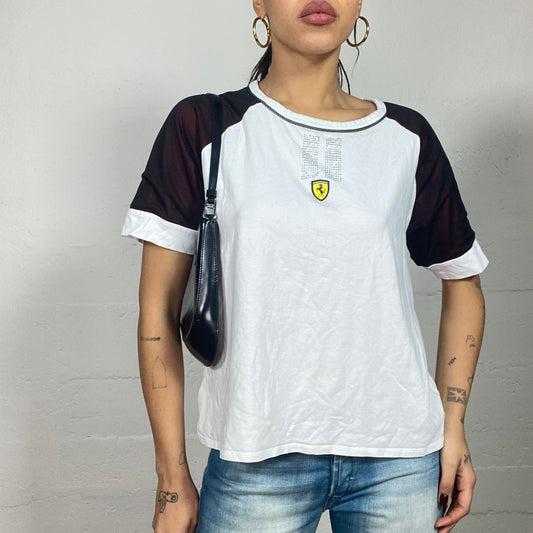 Vintage 2000's Ferrari Sporty White Oversized Tee with Yellow Brand Logo Print (L)