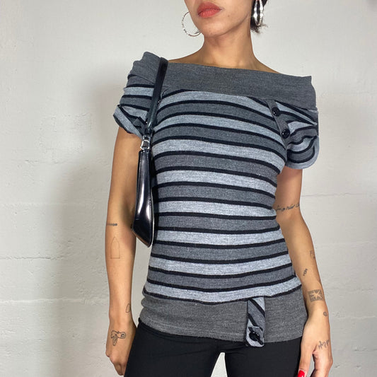 Vintage 2000's Ballet Grey Knitted Top with Stripped Print and Buttons Detail (S/M)