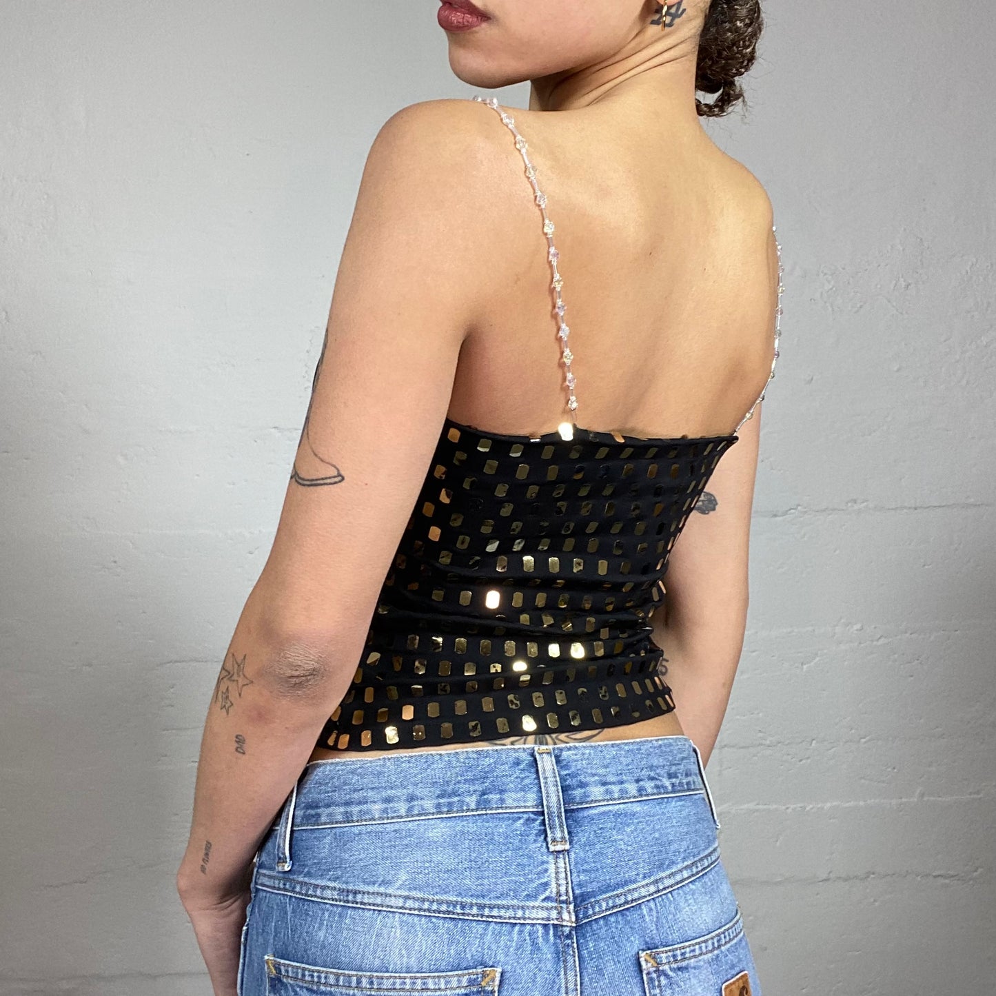 Vintage 2000's Clubwear Black Top with Golden Studs Covering Detail (S)