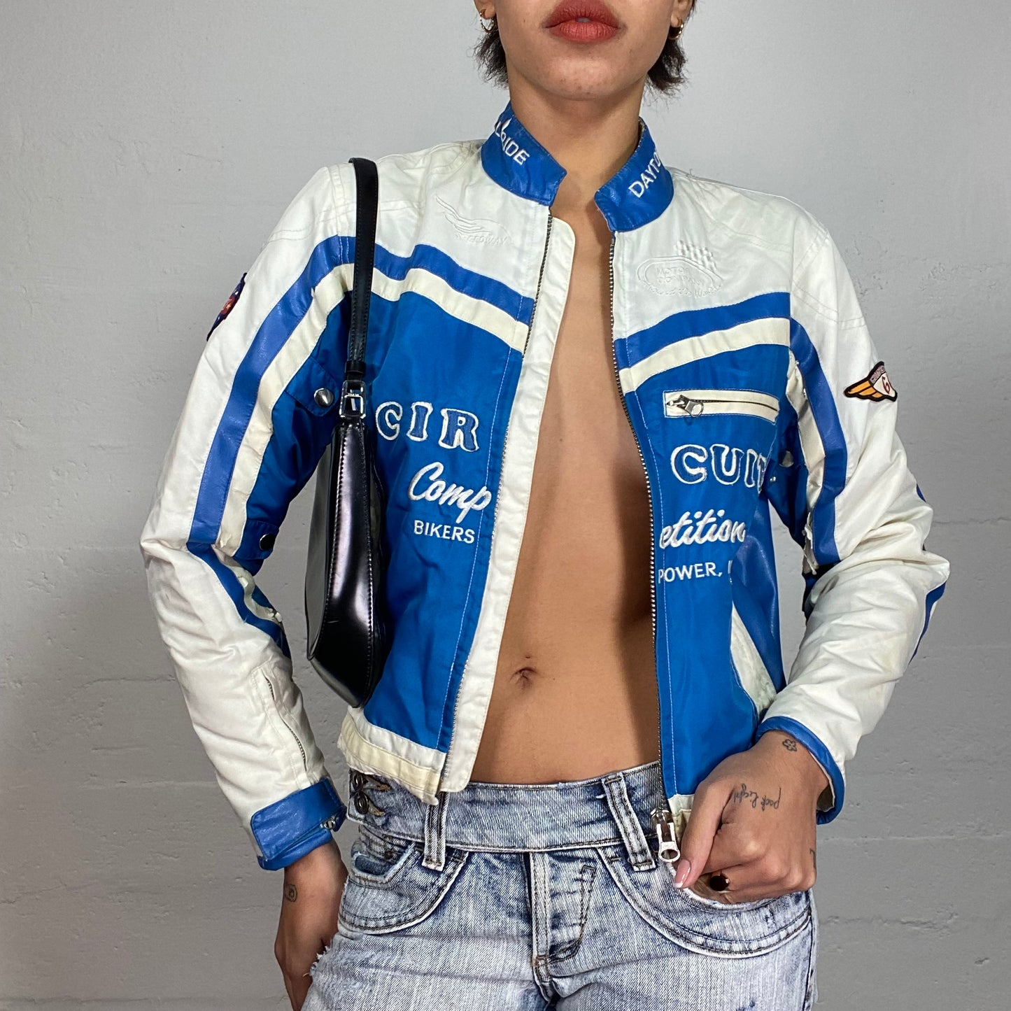 Vintage 2000's Sporty Girl Blue Short Racer Jacket with White Patches (M)