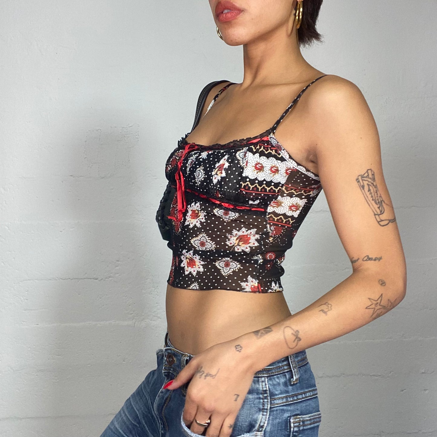 Vintage 90's Romantic Black Mesh Crop Top with Red Floral Print (S)