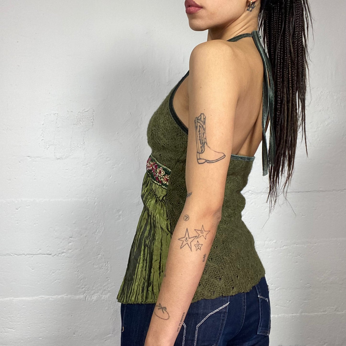 Vintage 2000's Hippie Kaki Strapless Top with Floral Detail (S)