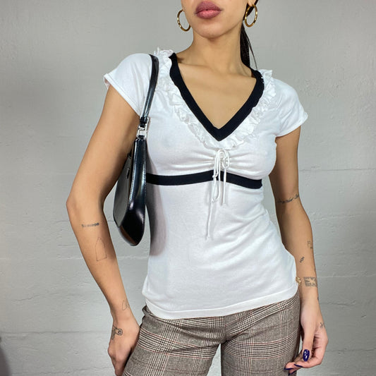 Vintage 2000's Soft Girl White Top with Black Chest Part and Lettuce Neckline Trim Detail (S/M)