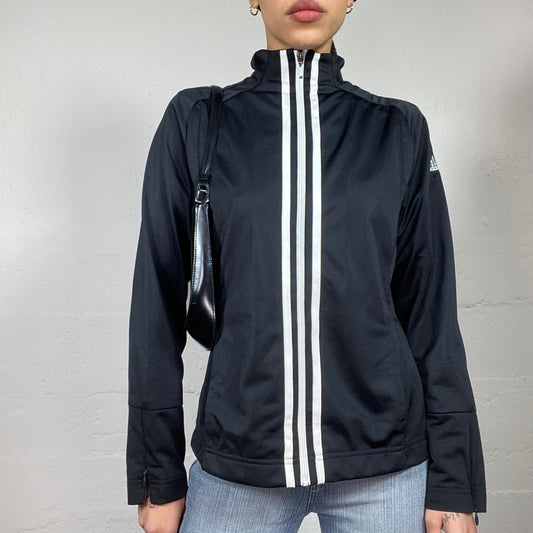 Vintage 90's Adidas Sporty Girl Black Zip Up Jacket with White Central Triple Brand Trim Detail (M)