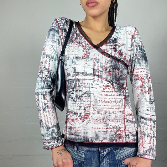 Vintage 2000's Downtown Girl White Longsleeve Top with Red Typography Print (M)