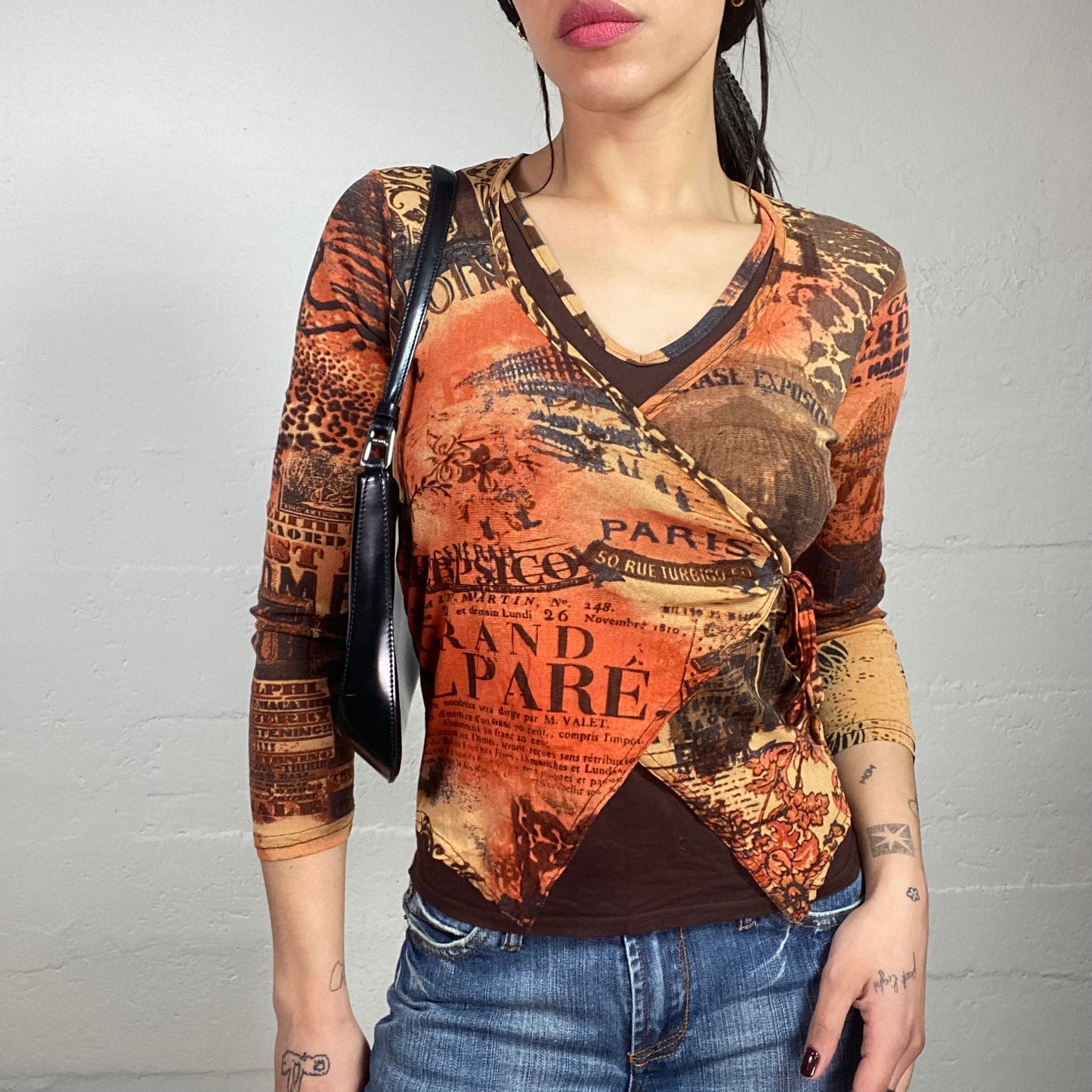 Vintage 2000's Boho Orange & Brown Longsleeve Wrapped Top with Newspaper Print (M)
