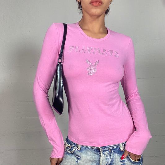 Vintage 2000's Playboy Soft Girl Pink Longsleeve Top with Brand Logo Strass Detail (S)