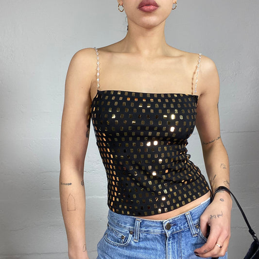 Vintage 2000's Clubwear Black Top with Golden Studs Covering Detail (S)