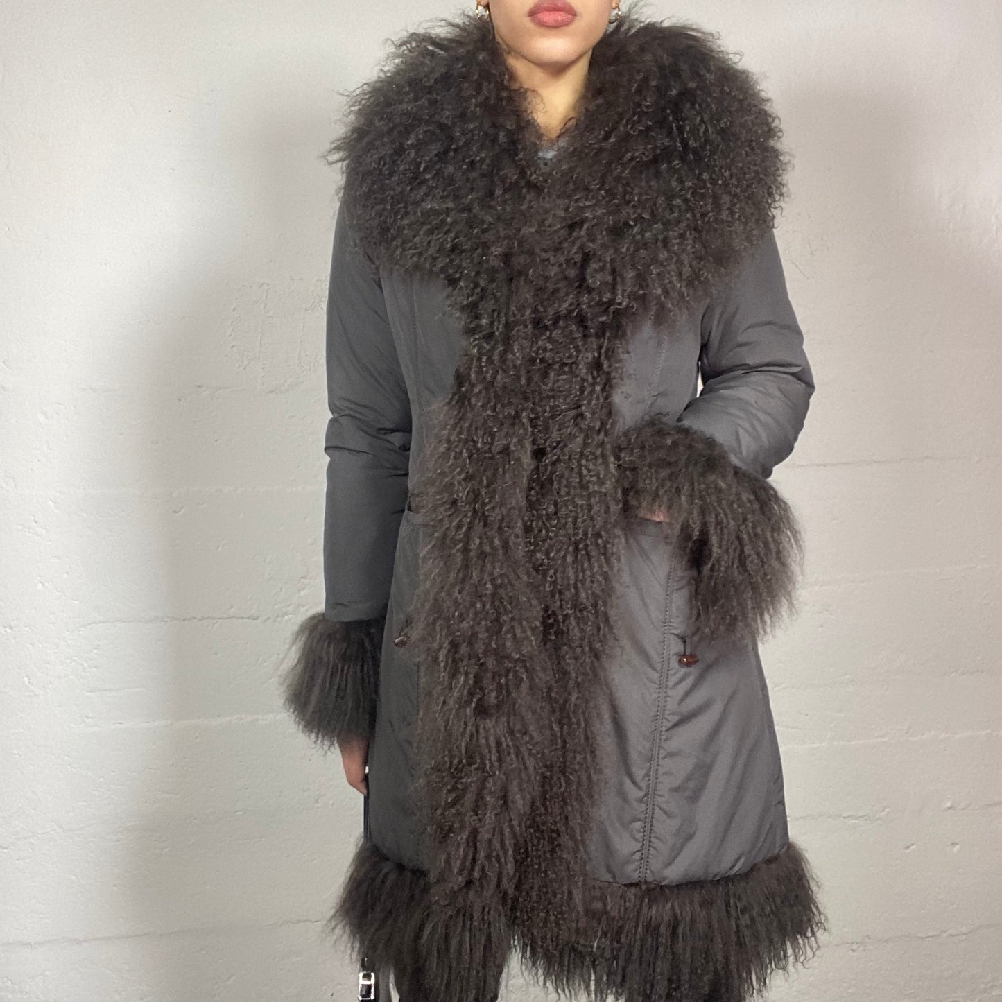 Vintage 90's Mob Wife Brown Long Jacket with Big Fluffy Sleeves and Ne ...