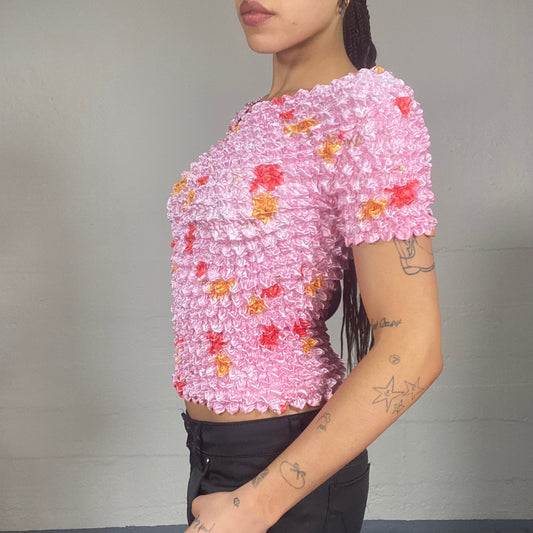 Vintage 90's Coquette Pink Popcorn Material Top with Orange Tinted Detail (S/M)