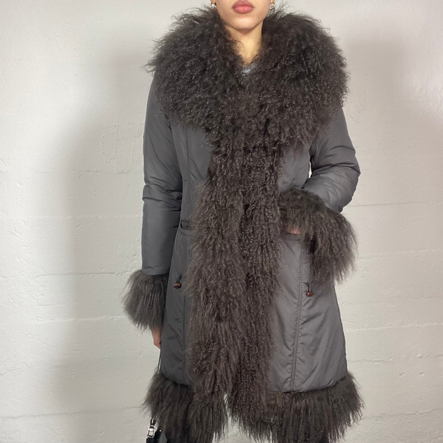 Vintage 90's Mob Wife Brown Long Jacket with Big Fluffy Sleeves and Neck Detail (M)