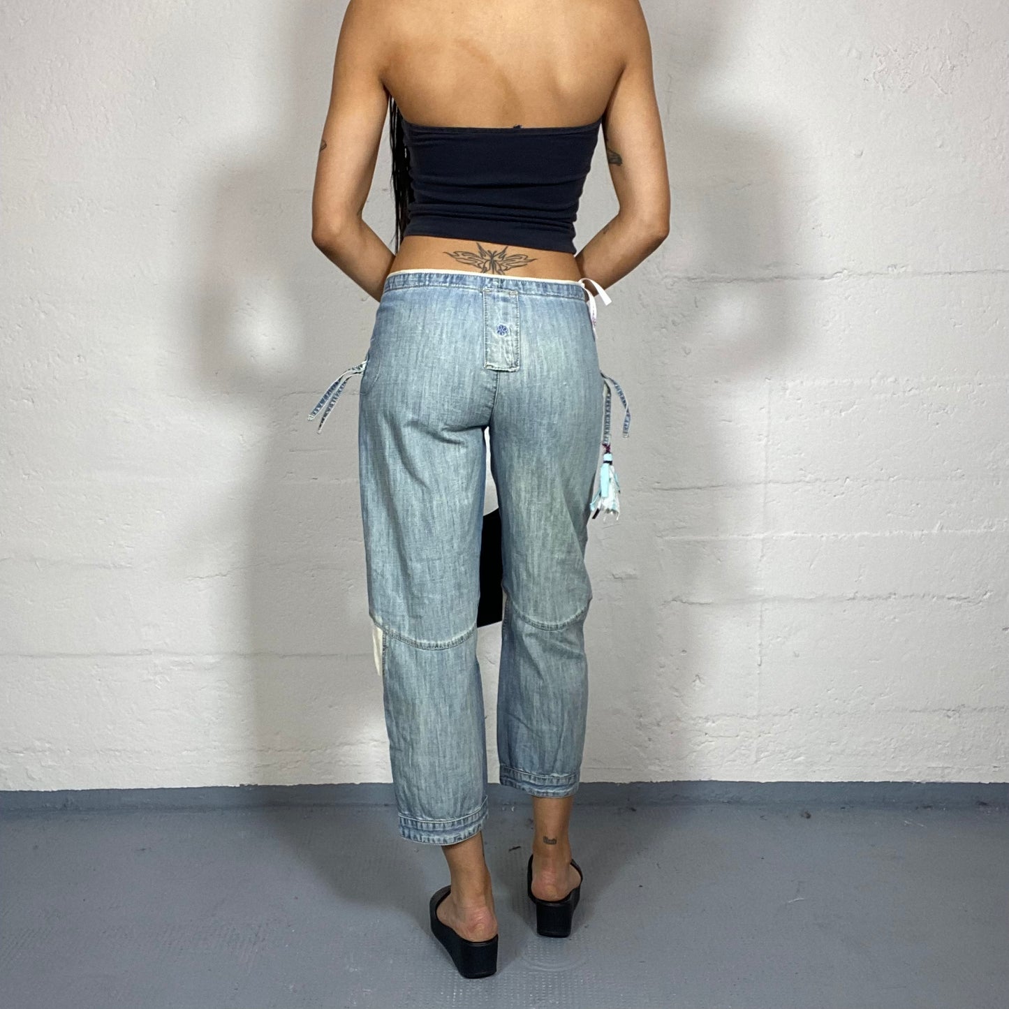 Vintage 90's Rave Denim Capri Cargo Pants with Pockets & Zips Detail (S)