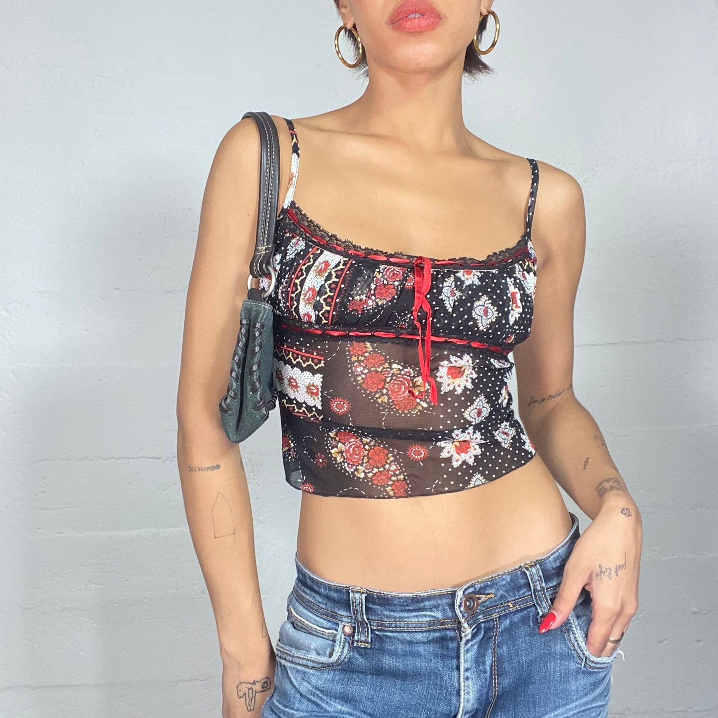 Vintage 90's Romantic Black Mesh Crop Top with Red Floral Print (S)