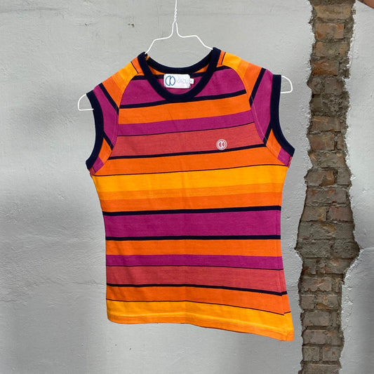 Vintage 90's Funky Orange and Pink Striped High Neck Top with Black Trim (S)