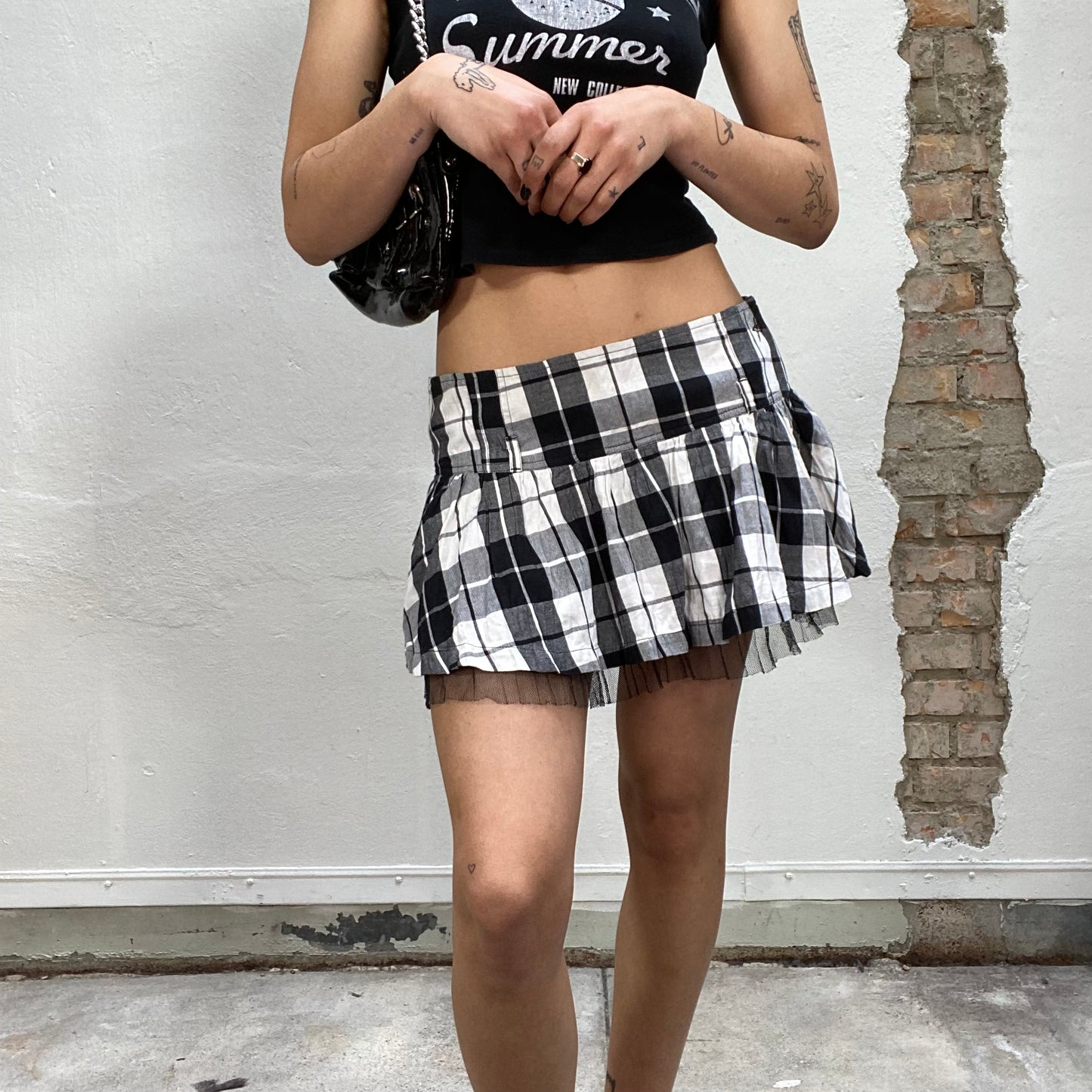 Vintage 90's Punky Black and White Plaid Mini Micro Pleated Skirt (S/M)