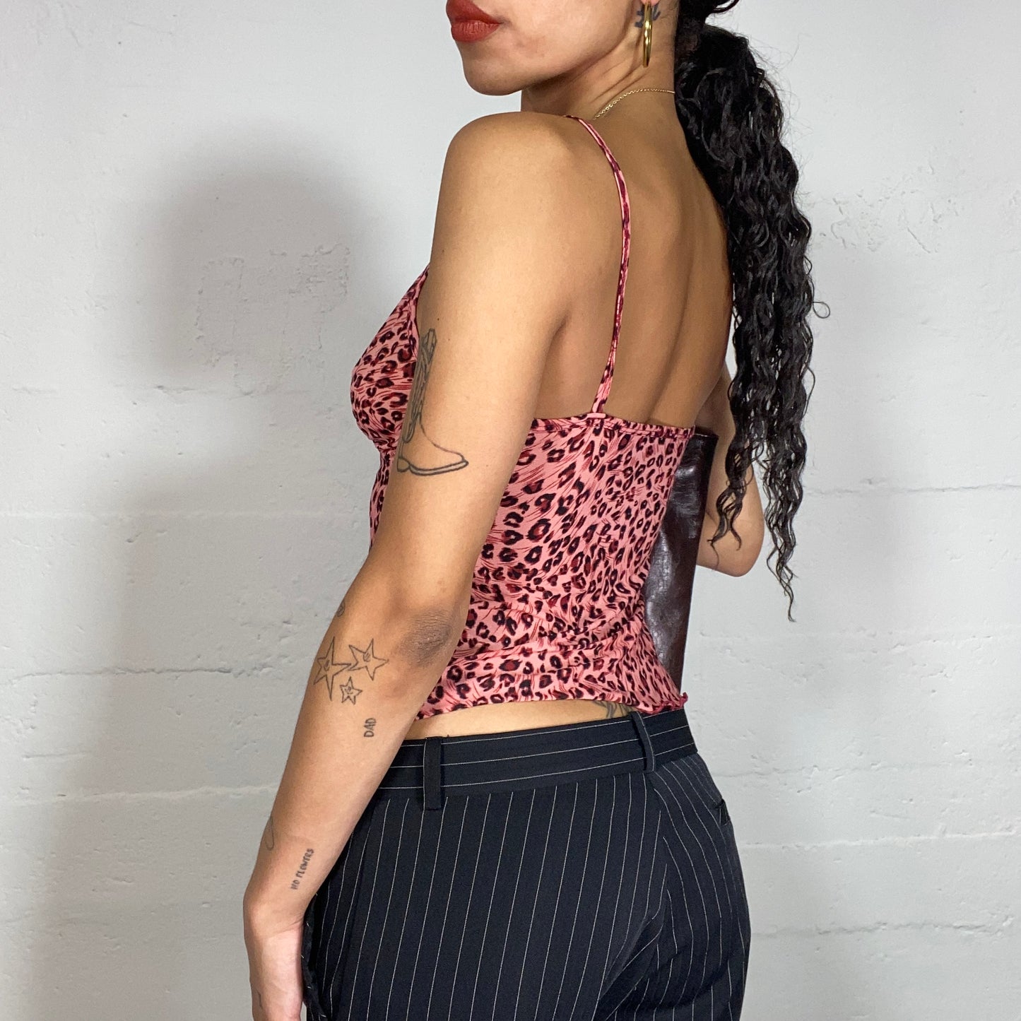 Vintage 2000's Downtown Girl Salmon Pink Top with Leopard Print (S)