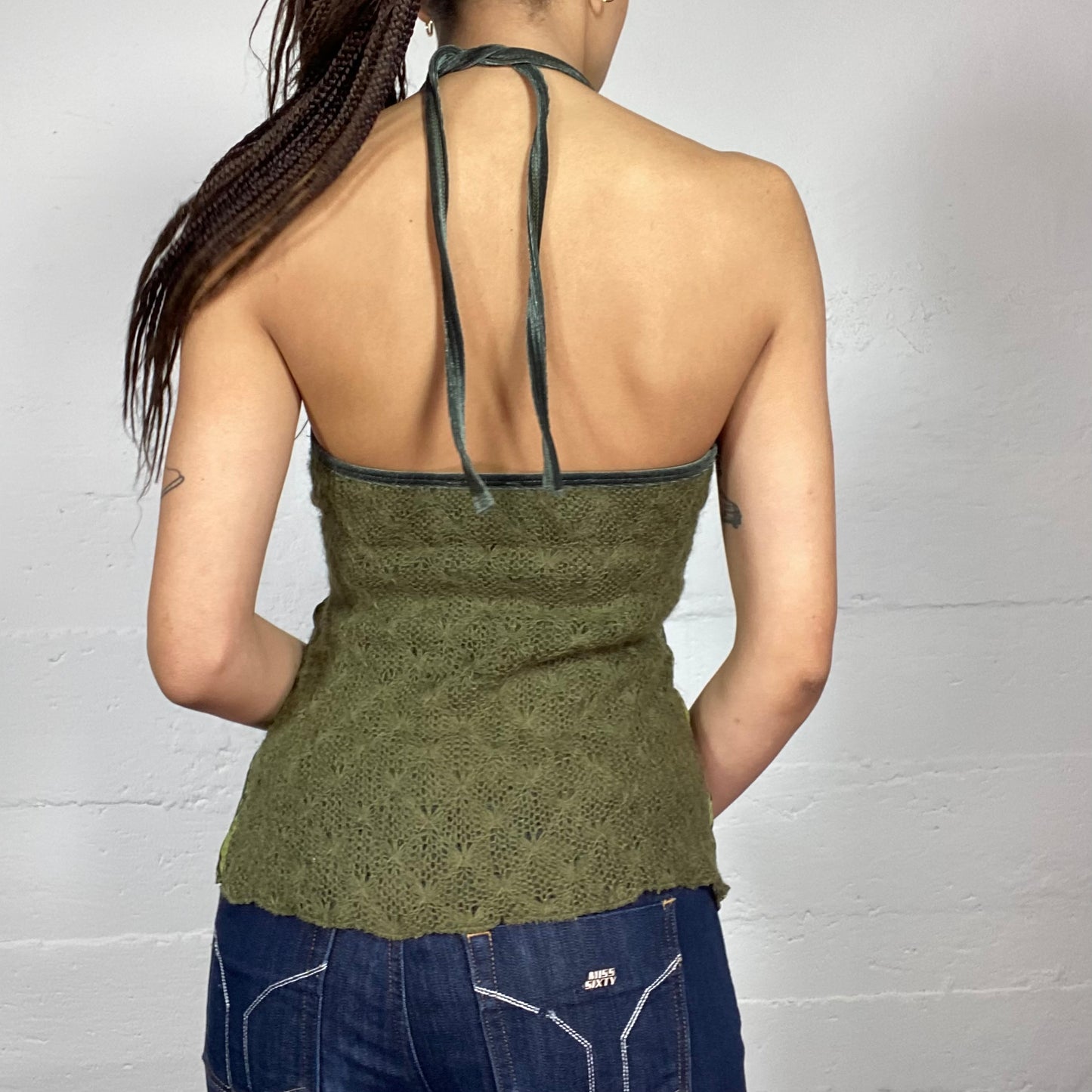 Vintage 2000's Hippie Kaki Strapless Top with Floral Detail (S)