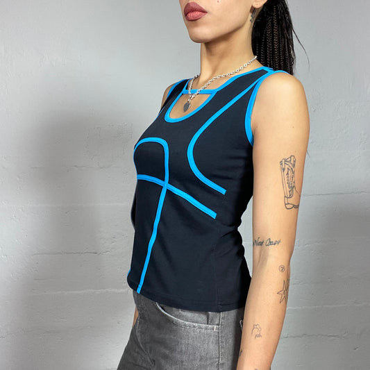 Vintage 90's Rave Black Top with Blue Decortive Trim and Open Chest Detail (S/M)