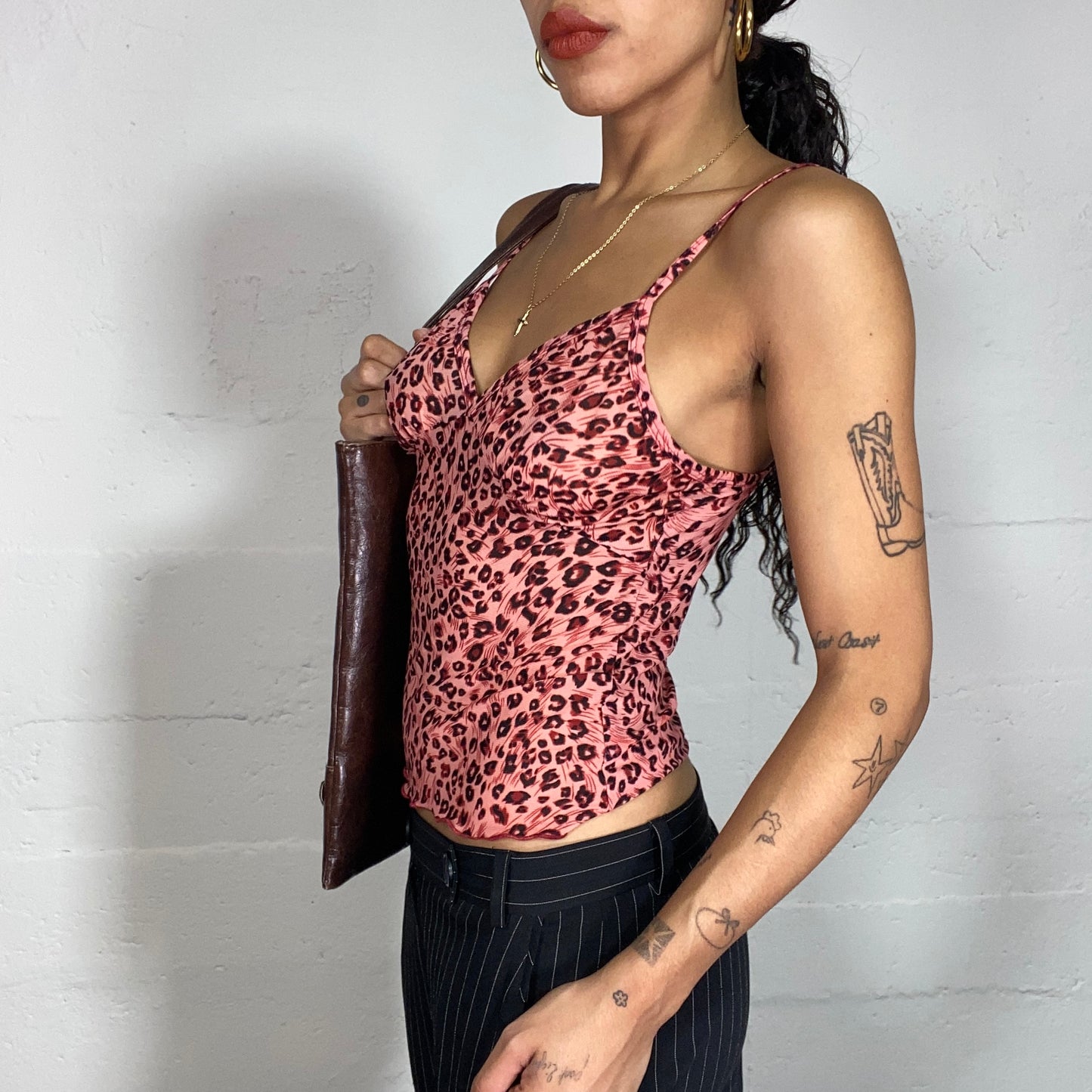 Vintage 2000's Downtown Girl Salmon Pink Top with Leopard Print (S)