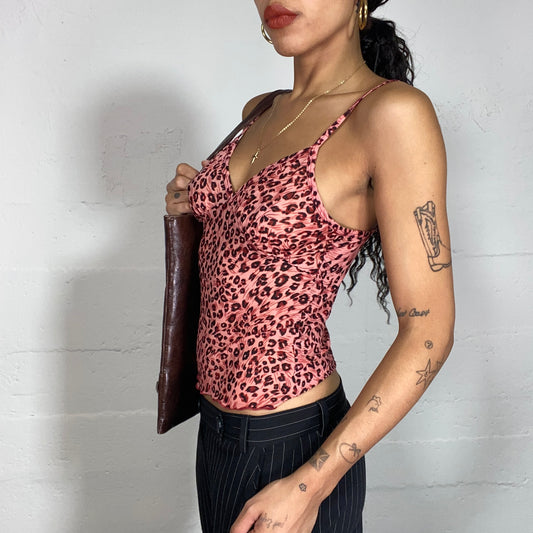 Vintage 2000's Downtown Girl Salmon Pink Top with Leopard Print (S)