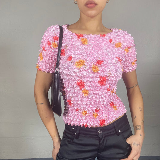 Vintage 90's Coquette Pink Popcorn Material Top with Orange Tinted Detail (S/M)