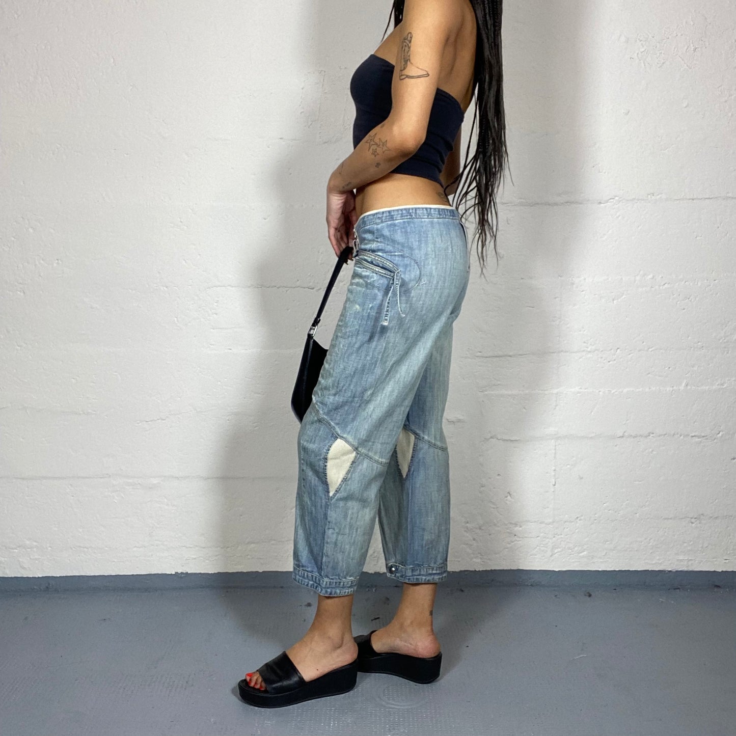 Vintage 90's Rave Denim Capri Cargo Pants with Pockets & Zips Detail (S)