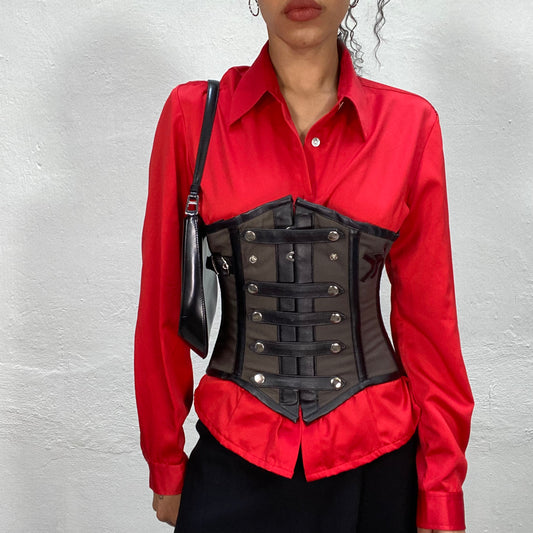 Vintage 2000's Coquette Khaki and Faux Leather Waist Corset (XS/S)