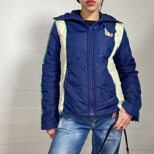 Vintage 2000's Sporty White and Blue Puffer Jacket with Band Trim Detail (M)