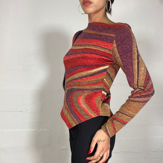 Vintage 90's Psychedelic Garnet, Green and Purple Longsleeve Top with Wavy Print and Glitter Material (S/M)